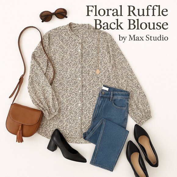 Max Studio Ruffle-Back Button-Down Blouse Black Floral on Cream Size XL - Picture 1 of 16